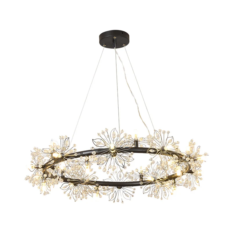 Industrieel Keramisch Circle Crystal Beaded Hanging Chandelier Strak Black 20.5"/26"/34" Wide LED Ceiling Lamp Black