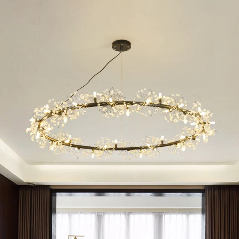 Industrieel Keramisch Circle Crystal Beaded Hanging Chandelier Strak Black 20.5"/26"/34" Wide LED Ceiling Lamp Black