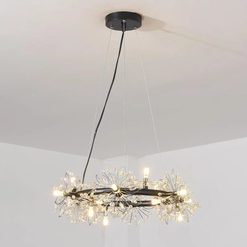 Industrieel Keramisch Circle Crystal Beaded Hanging Chandelier Strak Black 20.5"/26"/34" Wide LED Ceiling Lamp Black