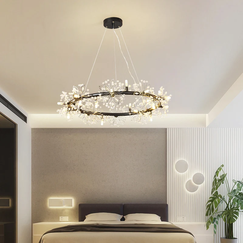 Industrieel Keramisch Circle Crystal Beaded Hanging Chandelier Strak Black 20.5"/26"/34" Wide LED Ceiling Lamp Black