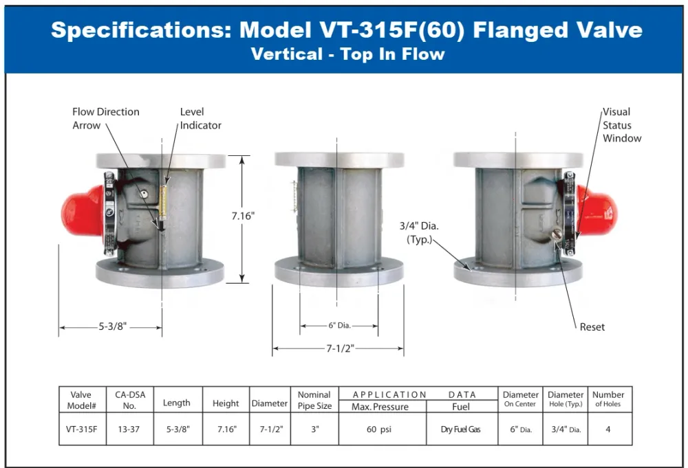 Pacific Seismic Products VT-315F Series 3" 60PSI Vertical Top Inlet Flanged High Pressure Earthquake Gas Shut-Off Valve