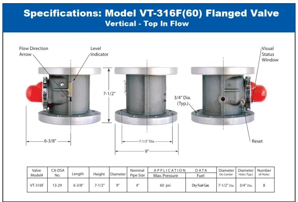 Pacific Seismic Products VT-316F Series 4" 60PSI Vertical Top Inlet Flanged High Pressure Earthquake Gas Shut-Off Valve