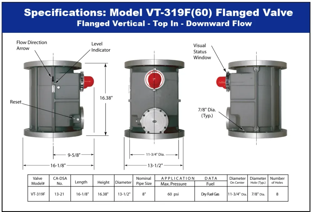 Pacific Seismic Products VT-319F Series 8" 60PSI Vertical Top Inlet Flanged High Pressure Earthquake Gas Shut-Off Valve