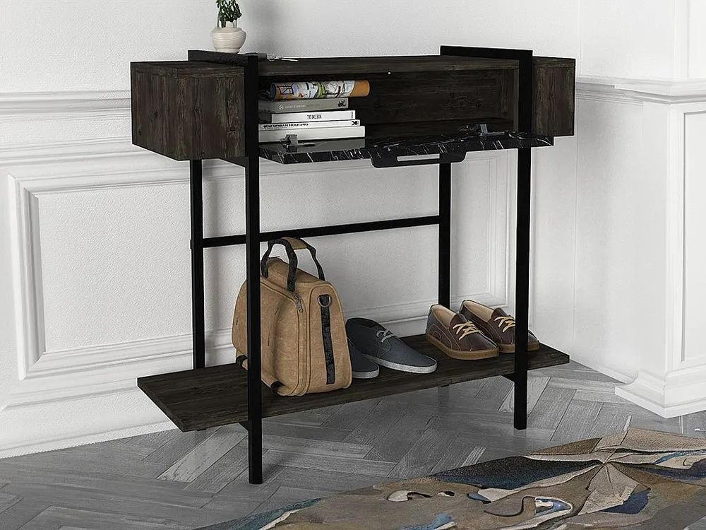 Veiligheidsbeugel Sidetable met 1 deurtje en 1 legplank - Donkere houtlook en zwarte marmerlook - Koop nu