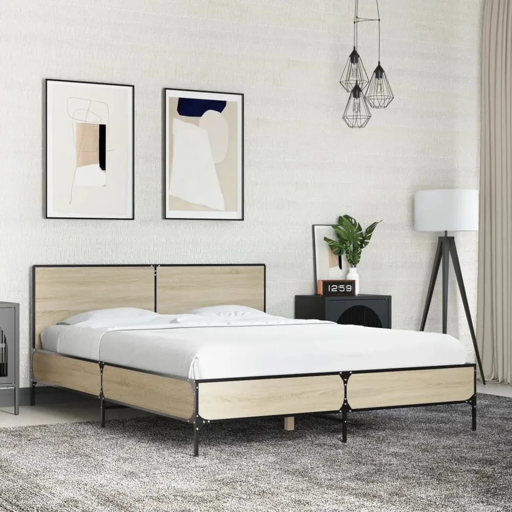 Bedframe bewerkt hout metaal sonoma eikenkleurig 120x190 cm
