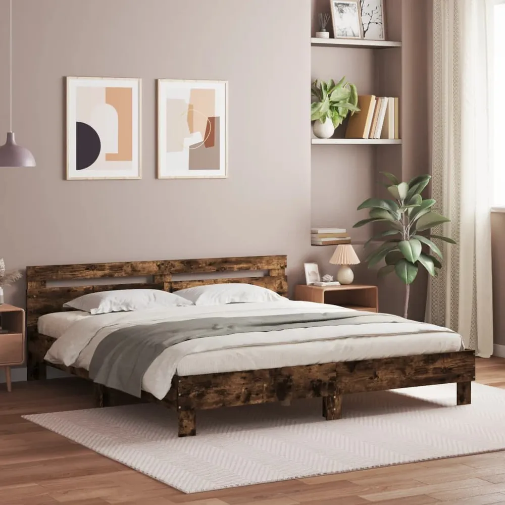 Professionele Kwaliteit Bedframe met hoofdeinde bewerkt hout gerookt eiken 200x200 cm