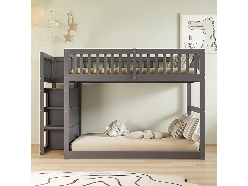 Stapelbed 140x200cm massief hout - met 4 zijladen - Grijs