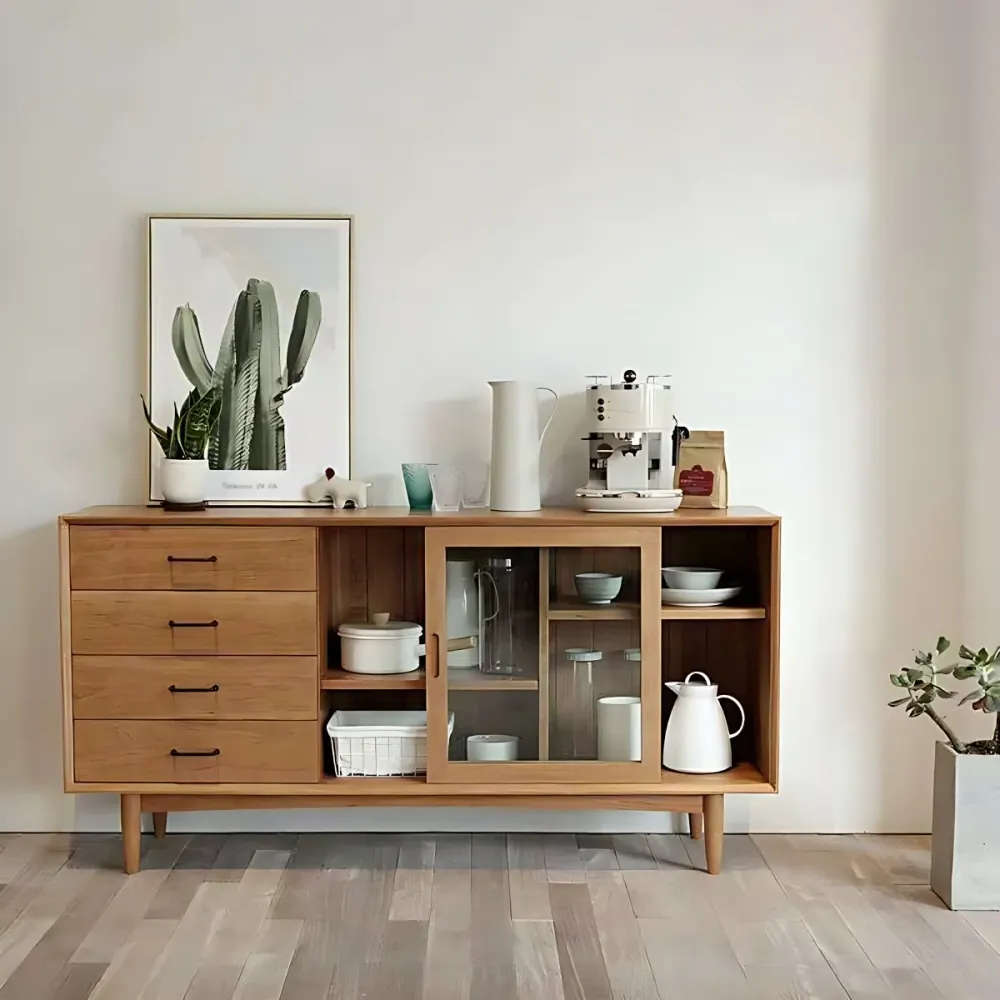 4-Drawer Pine Wood Credenza Modern Glaswerk Sliding Door Cabinets Sideboard Living Room 47l