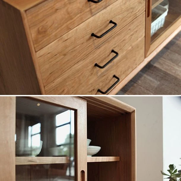 4-Drawer Pine Wood Credenza Modern Glaswerk Sliding Door Cabinets Sideboard Living Room 47l