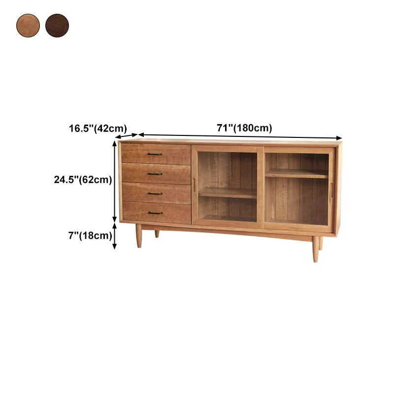 4-Drawer Pine Wood Credenza Modern Glaswerk Sliding Door Cabinets Sideboard Living Room 47l