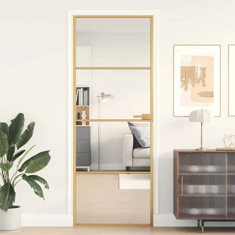 Binnendeur nauw 76x201,5 cm gehard glas en aluminium goudkleur