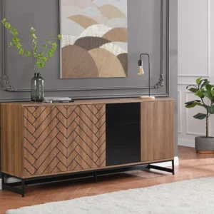 Buffetkast met 3 deuren en 3 laden - Mdf - Naturel en zwart - CARATANA - Koop nu online