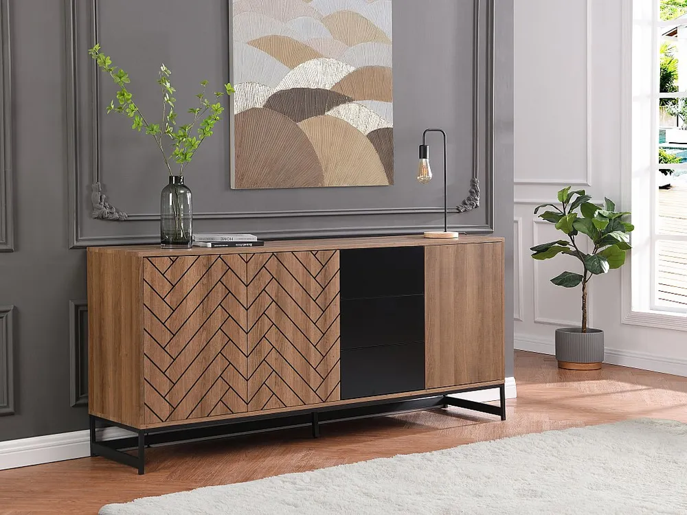 Buffetkast met 3 deuren en 3 laden - Mdf - Naturel en zwart - CARATANA - Koop nu online