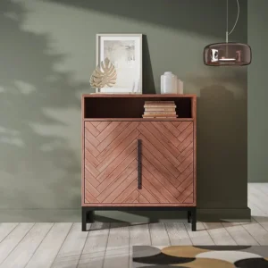 Buffetkast met 2 deuren van acaciahout met chevron-effect en metaal - Naturel en zwart - VEDILA