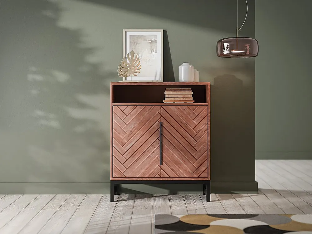 Buffetkast met 2 deuren van acaciahout met chevron-effect en metaal - Naturel en zwart - VEDILA