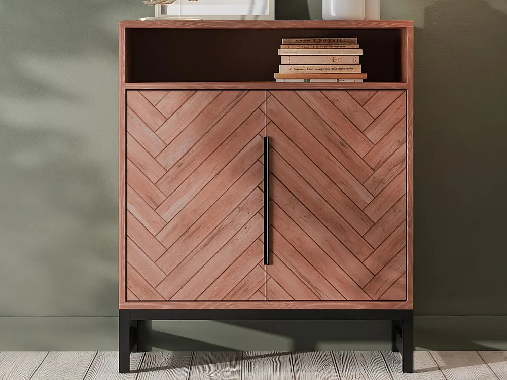Buffetkast met 2 deuren van acaciahout met chevron-effect en metaal - Naturel en zwart - VEDILA