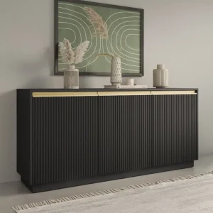 Buffetkast met 3 deuren van mdf - Zwart en goudkleurig - POSINIA
