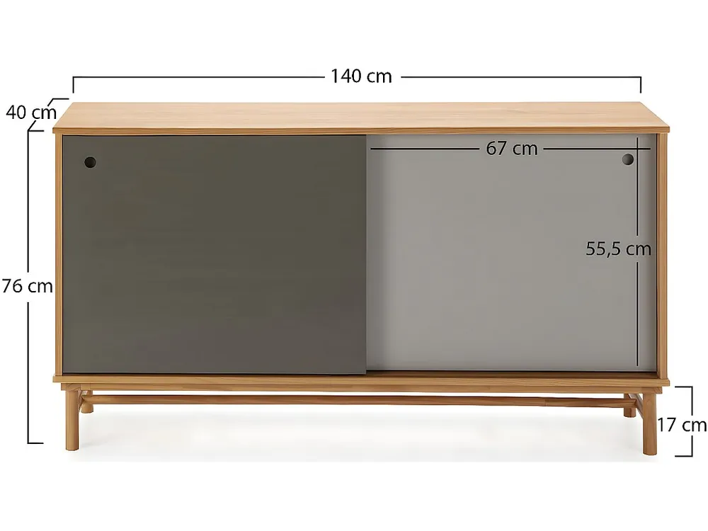 Dressoir Magnus 2 Schuifdeuren Grijs, Massief Hout, 140 cm Lengte