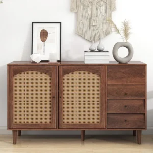 Dressoir met 3 deuren en 2 laden - deuren van geweven hars - landelijke stijl - Bruin