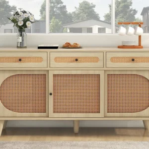 Dressoir van 140 cm met 3 rotan schuifdeuren en 3 laden - verstelbare interne planken - naturel