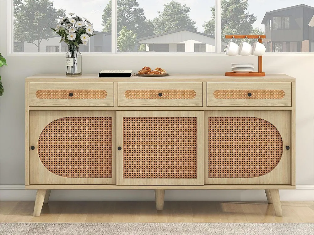 Dressoir van 140 cm met 3 rotan schuifdeuren en 3 laden - verstelbare interne planken - naturel