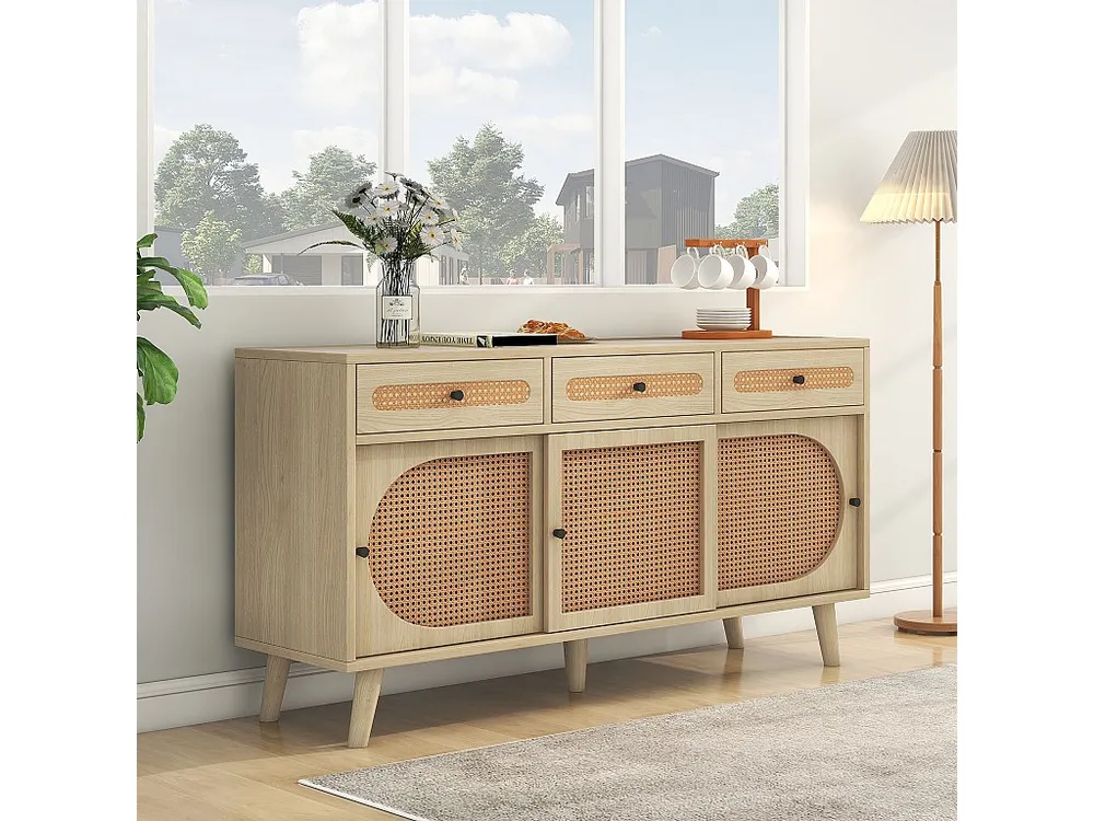 Dressoir van 140 cm met 3 rotan schuifdeuren en 3 laden - verstelbare interne planken - naturel