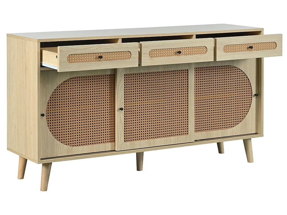 Dressoir van 140 cm met 3 rotan schuifdeuren en 3 laden - verstelbare interne planken - naturel