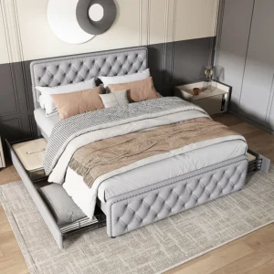 Gestoffeerd bed 140 x 190 cm met 4 lades en verstelbaar hoofdeinde - Linnen stof - Lichtgrijze kleur