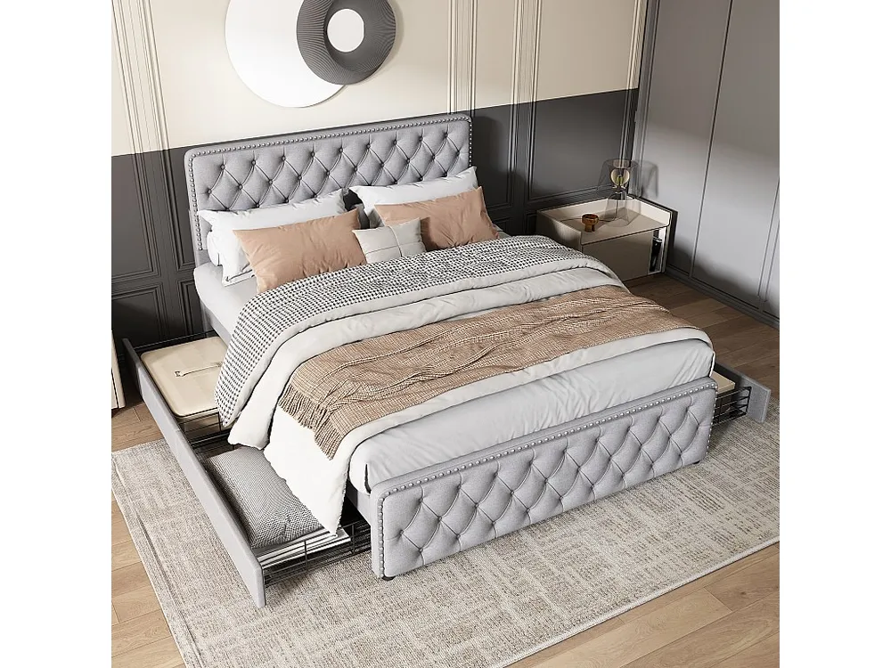 Gestoffeerd bed 140 x 190 cm met 4 lades en verstelbaar hoofdeinde - Linnen stof - Lichtgrijze kleur