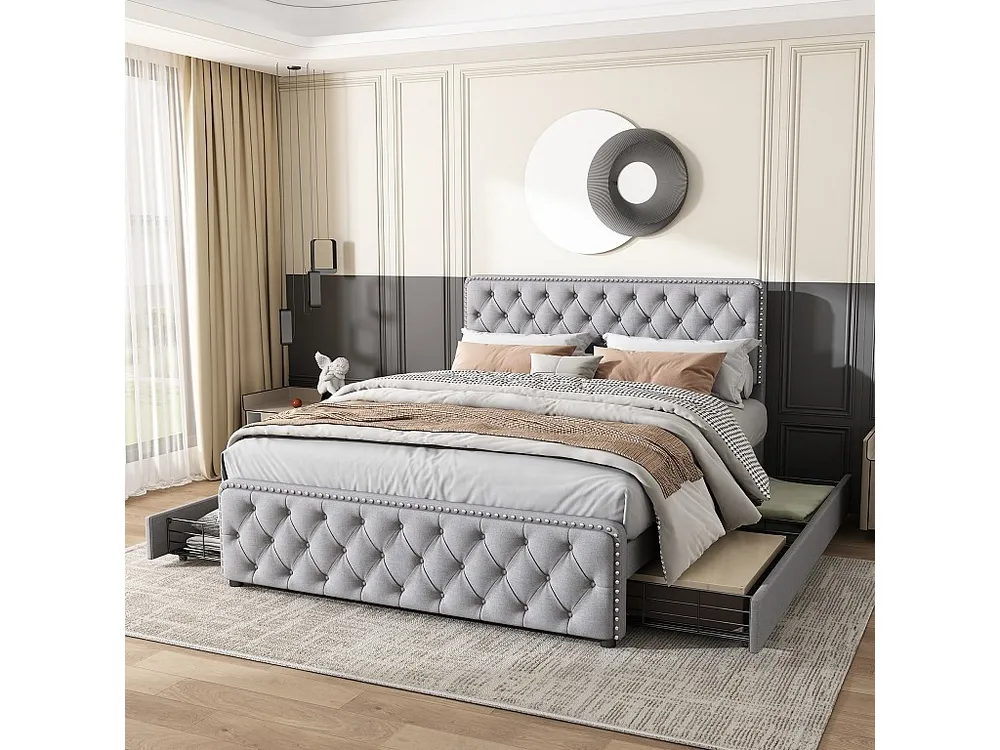 Gestoffeerd bed 140 x 190 cm met 4 lades en verstelbaar hoofdeinde - Linnen stof - Lichtgrijze kleur