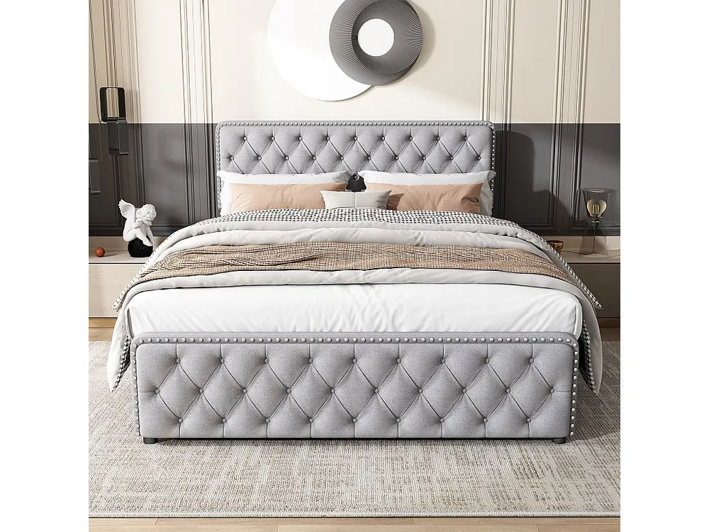 Gestoffeerd bed 140 x 190 cm met 4 lades en verstelbaar hoofdeinde - Linnen stof - Lichtgrijze kleur
