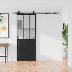 Hangende schuifdeur werkplaatsstijl met rails H205 x B63cm, transparant glas, ARTISTO II
