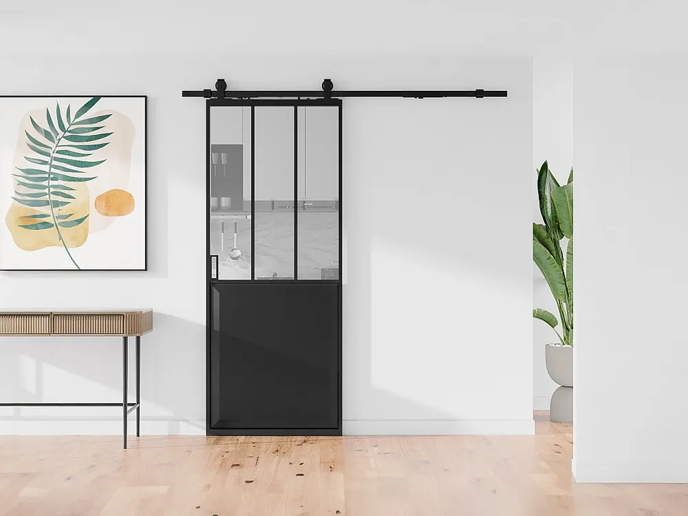 Hangende schuifdeur werkplaatsstijl met rails H205 x B63cm, transparant glas, ARTISTO II