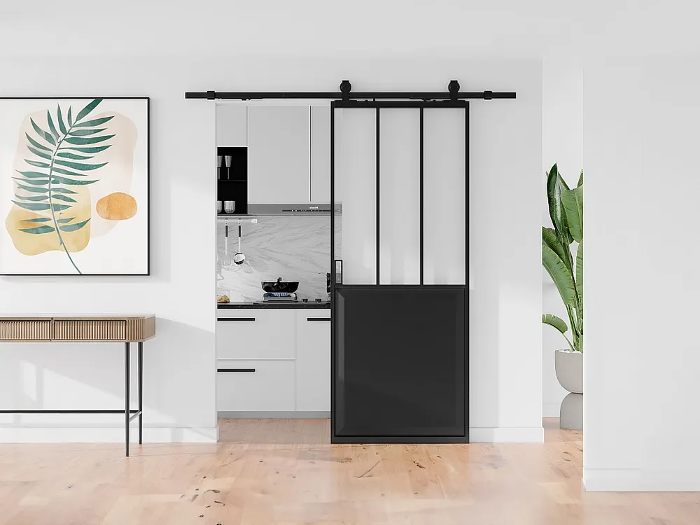 Hangende schuifdeur werkplaatsstijl met rails H205 x B63cm, transparant glas, ARTISTO II