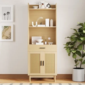 Vitrine - met 1 lade、2 rotan deuren en 3 open nissen - Naturel