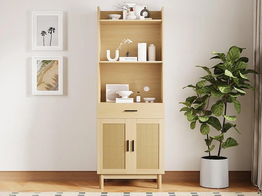 Vitrine - met 1 lade、2 rotan deuren en 3 open nissen - Naturel