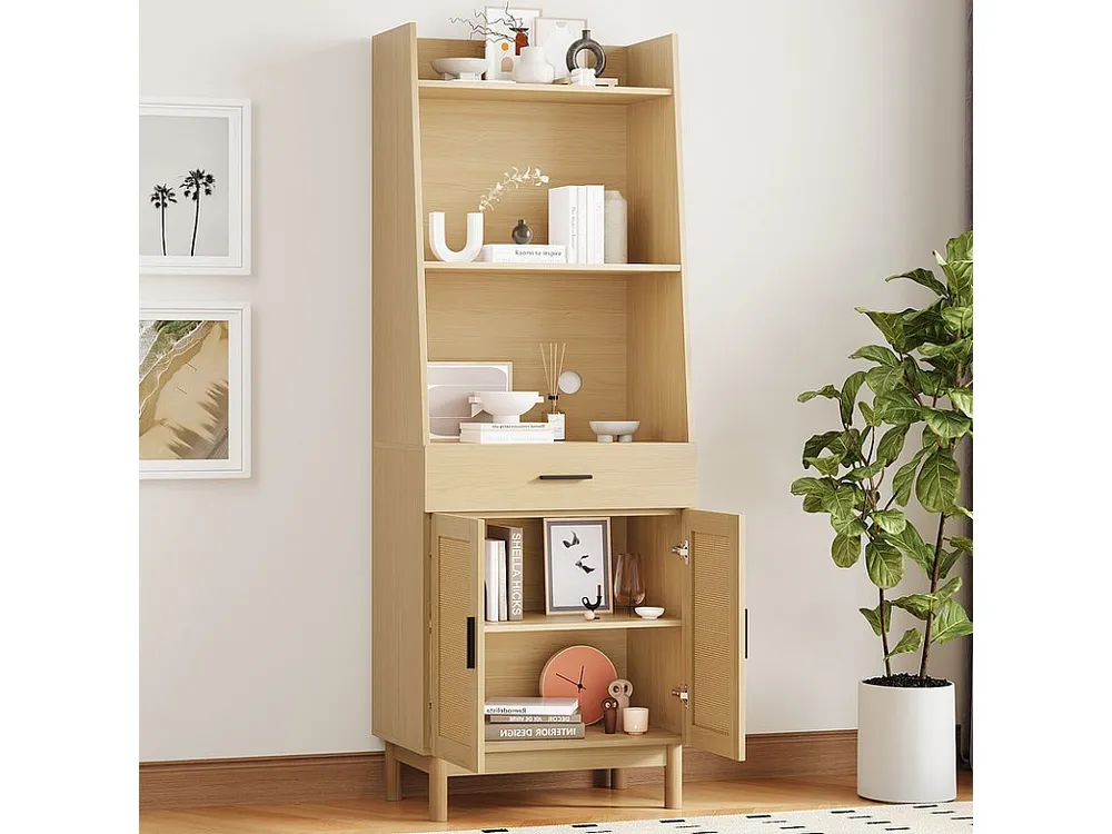 Vitrine - met 1 lade、2 rotan deuren en 3 open nissen - Naturel