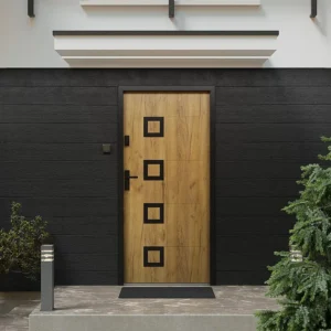 Voordeur van staal met inox H207 x L100 cm, eikeneffect - Duwt rechts open - TIFANA