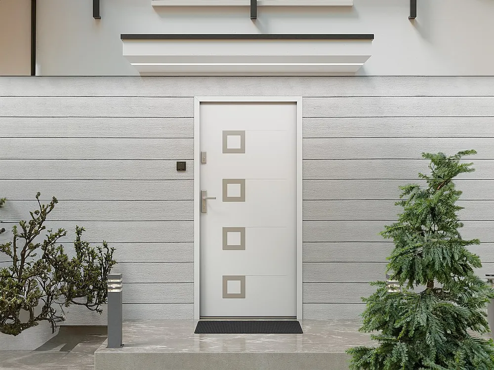 Voordeur van staal met inox L207 x L100 cm wit, duwt rechts open, TIFANA