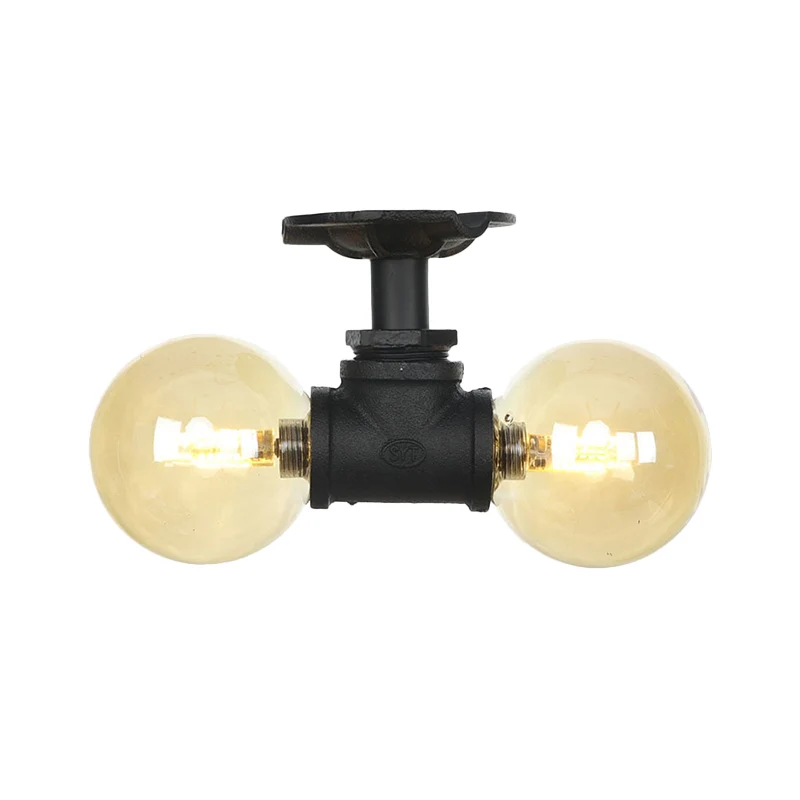 2-lichts amberkleurig glazen semi-inbouw antieke zwarte bol hal plafondlamp armatuur