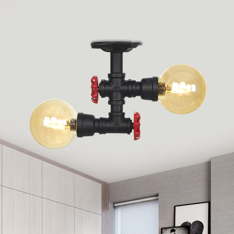 2-lichts amberkleurig glazen semi-inbouw antieke zwarte bol hal plafondlamp armatuur