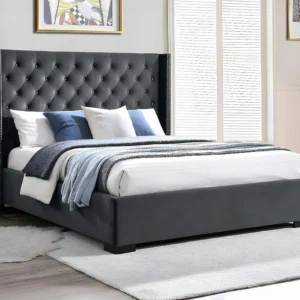 Bed met gestoffeerd hoofdbord 160 x 200 cm van grijs velours + matras - MASSIMO II