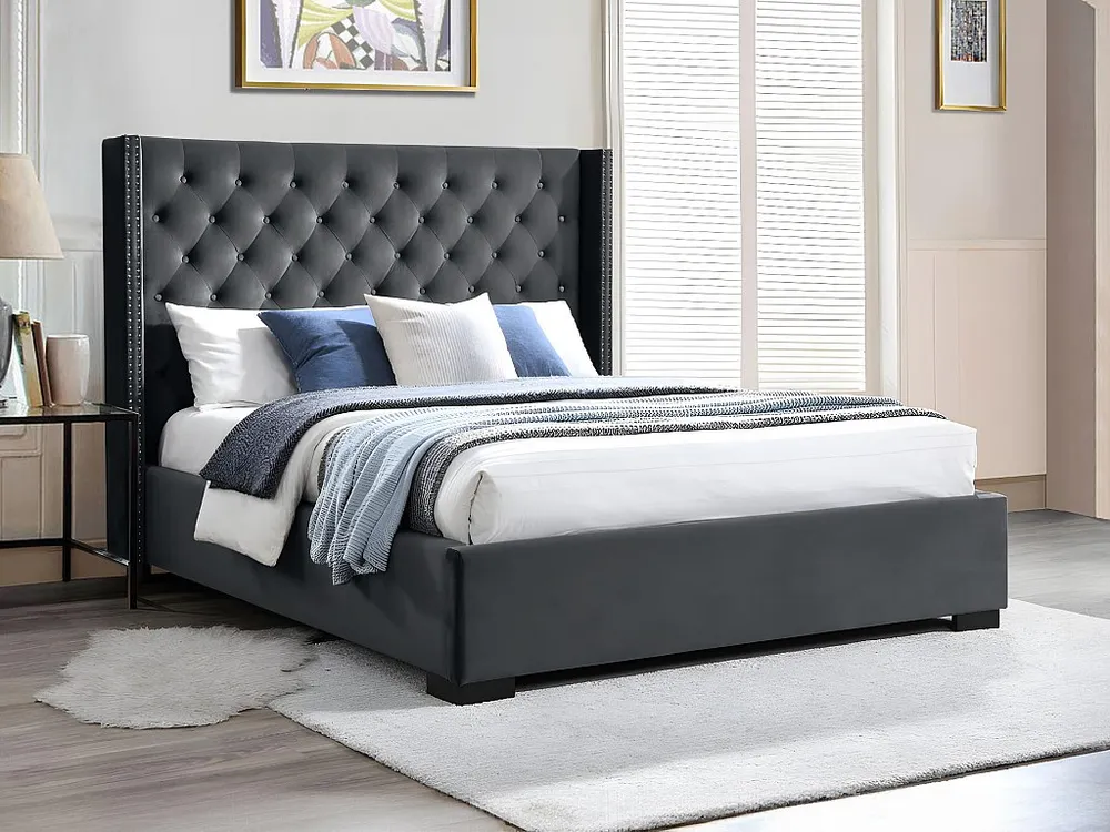 Bed met gestoffeerd hoofdbord 160 x 200 cm van grijs velours + matras - MASSIMO II