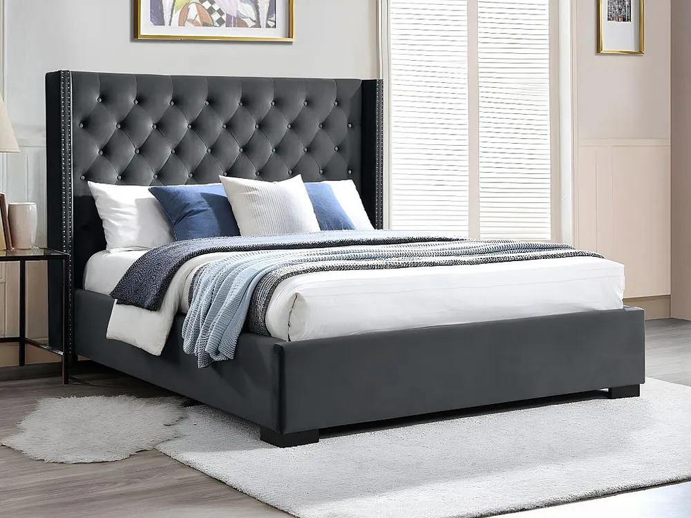 Bed met gestoffeerd hoofdbord 160 x 200 cm van grijs velours + matras - MASSIMO II
