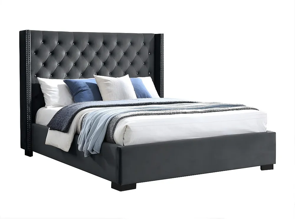 Bed met gestoffeerd hoofdbord 160 x 200 cm van grijs velours + matras - MASSIMO II