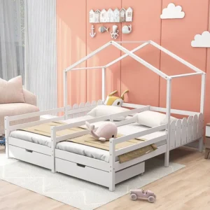 Cabinebed 2 x 90 x 200 cm met 2 laden - Grenenhout en MDF - Rails en lattenbodem - wit