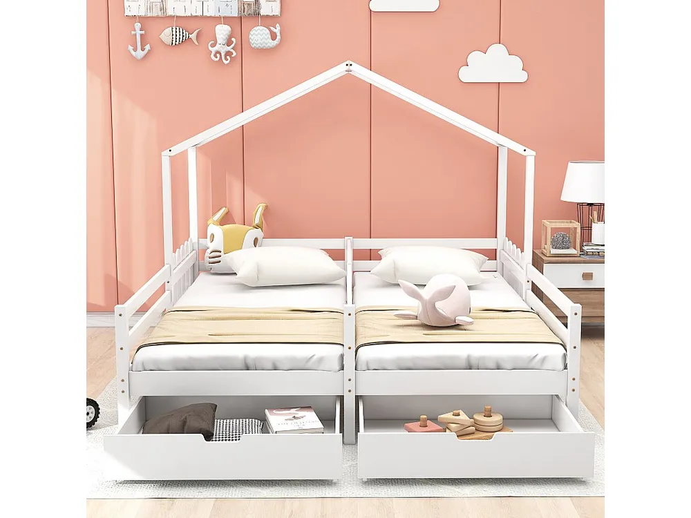 Cabinebed 2 x 90 x 200 cm met 2 laden - Grenenhout en MDF - Rails en lattenbodem - wit