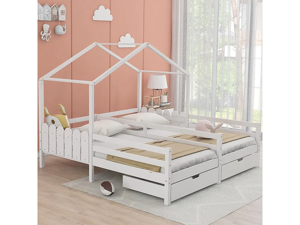 Cabinebed 2 x 90 x 200 cm met 2 laden - Grenenhout en MDF - Rails en lattenbodem - wit