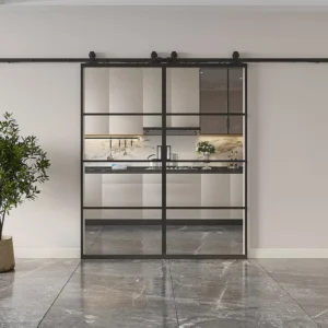 Dubbele schuifdeur met wandbevestiging transparant glas en aluminium, H205 x L93 cm SINCA II