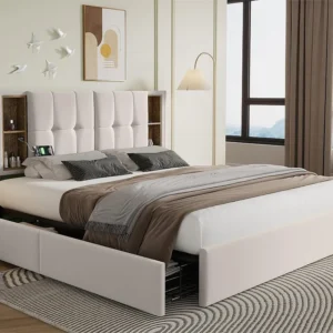 Gestoffeerd tweepersoonsbed 160x200 cm - met draadloos opladen en 4 lades - stof fluweel - Ecru